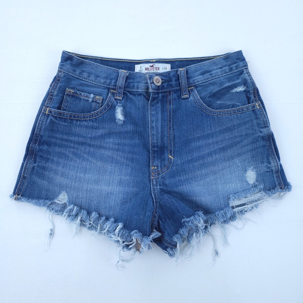 Hollister Women Denim Shorts Size 0 W24 Blue High Rise Distressed Frayed Hem